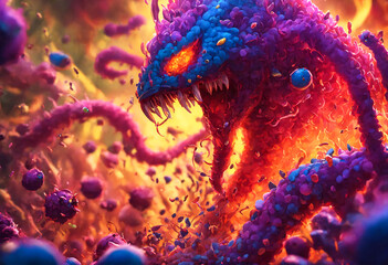 Monster virus with tentacles. Vile angry virus in the form of an angry toothy monstrous character.