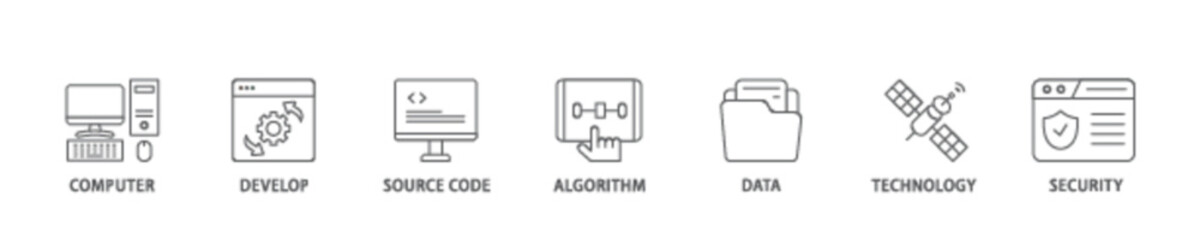 Programming icon set flow process illustrationwhich consists of computer, develop, source code, algorithm, data, technology and security icon live stroke and easy to edit 