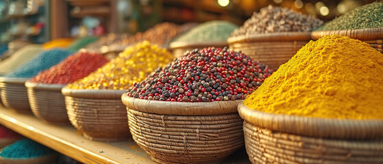 Fototapeta premium baskets of spices are lined up on a shelf in a store