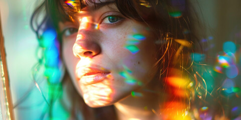 Young woman model in their 20s posing in a prism stained glass rainbow spectrum bright color lighting. Natural beauty, youth, face skin care, fashion and makeup concept background
