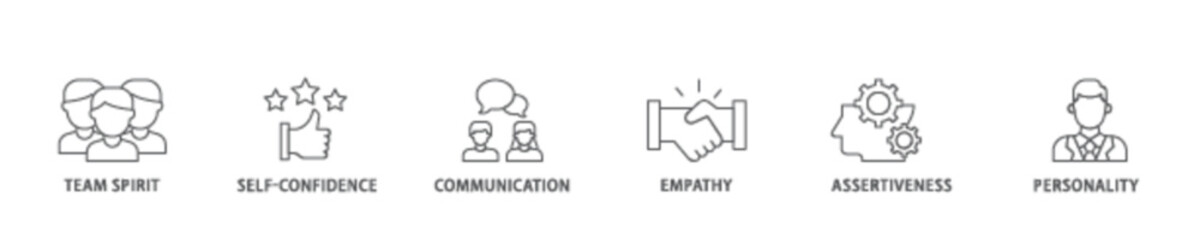 Soft skills icon set flow process illustrationwhich consists of team spirit, self confidence, communication, empathy, assertiveness, and personality icon live stroke and easy to edit 