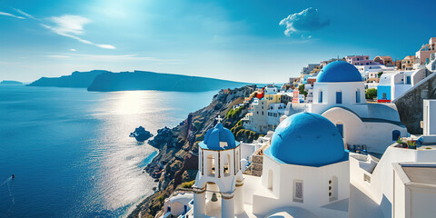 Fototapeta premium Santorini Thira island in southern Aegean Sea, Greece daytime. Fira and Oia town with white houses overlooking cliffs, beaches, and small islands panorama background wallpaper