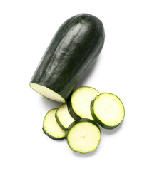 Fresh green zucchini with slices on white background
