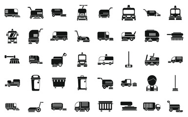 Sweeper icons set simple vector. Street truck machine. Broom clean road