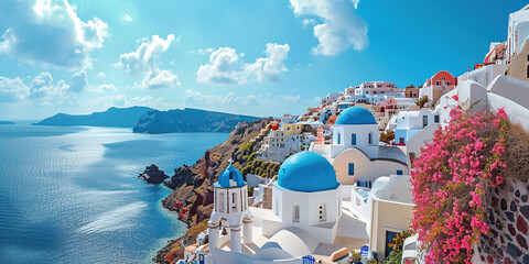 Santorini Thira island in southern Aegean Sea, Greece daytime. Fira and Oia town with white houses overlooking cliffs, beaches, and small islands panorama background wallpaper - obrazy, fototapety, plakaty