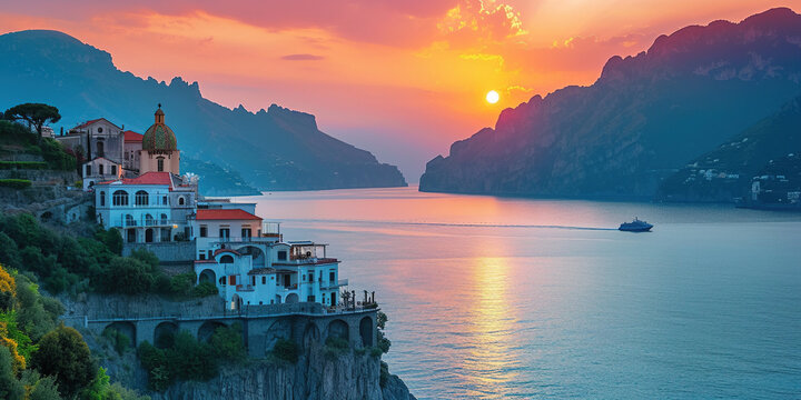 Amalfi coast coastline in Sorrentine Peninsula, Campania region, Italy. Holiday destination shoreline with hills, beaches, and cliffs, sea view, sunset golden hour wallpaper