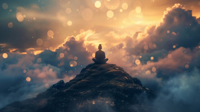 A solitary figure sitting atop a mountaintop amidst a backdrop of swirling clouds and streaks of light signifying the union of the physical and spiritual realms through meditative