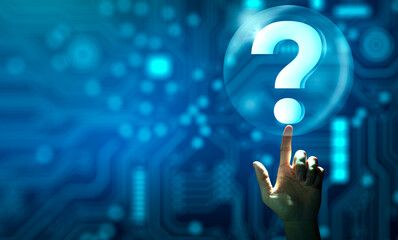 Man hand holding digital question mark holographic. Abstract Technology background. Q and A discussion. FAQ, Support, Question and Answer. Help service business Concept