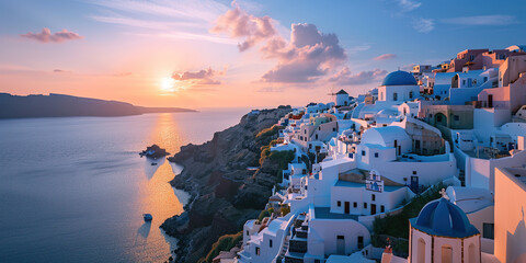 Santorini Thira island in southern Aegean Sea, Greece sunset. Fira and Oia town with white houses...