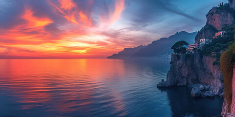 Amalfi coast coastline in Sorrentine Peninsula, Campania region, Italy. Holiday destination shoreline with hills, beaches, and cliffs, sea view, sunset golden hour wallpaper