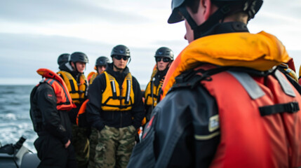 A group of sailors receive training on how to effectively use new safety equipment constantly learning and adapting to ensure their survival on the open ocean. - obrazy, fototapety, plakaty