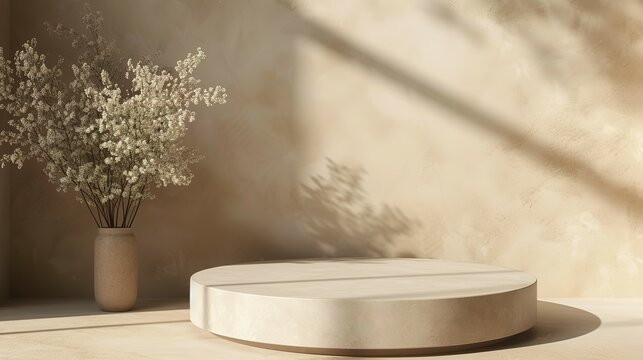 Brown natural podium product display platform 3d background abstract shadow light concept on cosmetic scene presentation stage mockup or empty beige stone pedestal beauty advertising stand backdrop