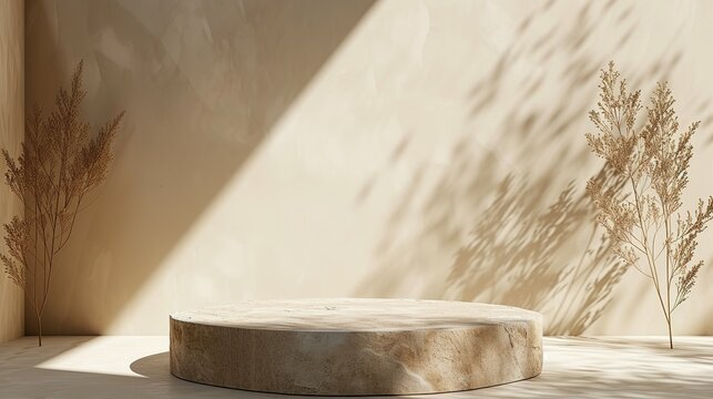 Brown natural podium product display platform 3d background abstract shadow light concept on cosmetic scene presentation stage mockup or empty beige stone pedestal beauty advertising stand backdrop