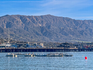 Santa Barbara, CA, USA - January 28, 2024: Pelican flock closeup on artificial floating device in front of Stearn Wharf. Mountain range in back under blue sky