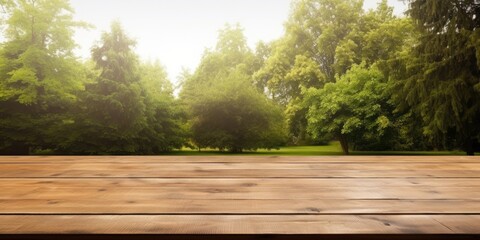 Isolated table on white background, perspective. Large wooden table outdoors in garden on sunny day. Beautiful template with copy space for design.