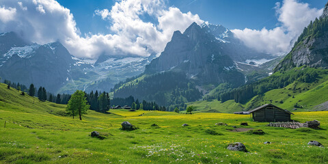 Fototapeta na wymiar Swiss Alps mountain range with lush forest valleys and meadows, countryside in Switzerland landscape. Snowy mountain tops in the horizon, travel destination wallpaper background