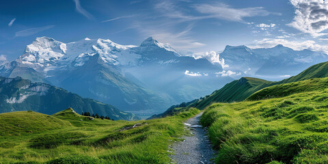 Swiss Alps mountain range with lush forest valleys and meadows, countryside in Switzerland landscape. Snowy mountain tops in the horizon, travel destination wallpaper background - obrazy, fototapety, plakaty
