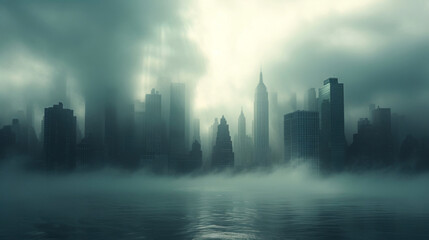 The city skyline partially hidden by thick fog takes on an ethereal and moody quality.