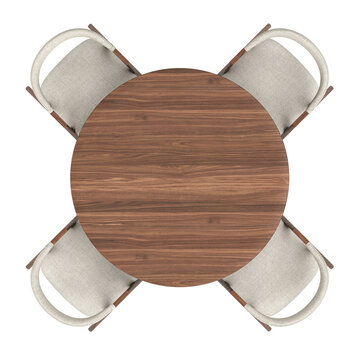 round dining table, four fabric dining chairs with wood bases, top view ,on transparent background, 3d rendering