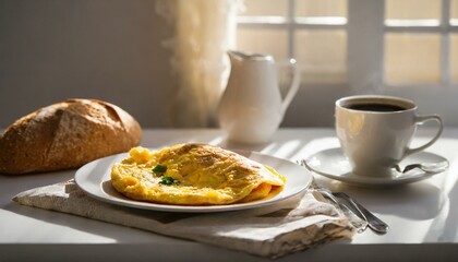 Omelete em um prato branco. Mesa branca com pães e xícara de café. Guardanapo.