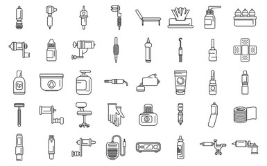 Tattoo equipment icons set outline vector. Machine needle. Studio tool fashion