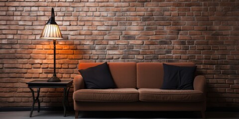 Sofa and lamp by brick wall in room