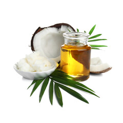 Bottle and bowl of coconut oil isolated on white background