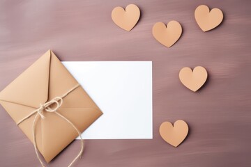 Blank white card with craft brown paper envelope mock up. Invitation card with hearts, copy space, Valentine's day, Mother's day, Women's Day and love concept