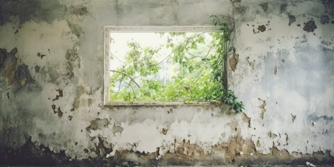 Abandoned house wall, white paint peeling, open window with nature view.