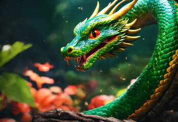 Serpentine Dragon. Dragon headed snake coiling in greenery of forest. - obrazy, fototapety, plakaty