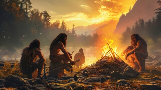 group of cavemen next to a bonfire cooking animals outdoors in high resolution and quality. history concept