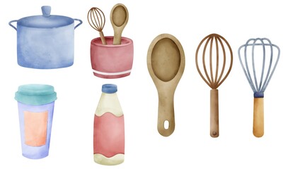 Hand drawn watercolor  Kitchen accessories set. Isolated illustration on white background