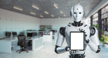 Robot showing tablet with isolated screen. Robot holding a tablet with a office in the background. Transparent Screen. Humanlike robot. Humanoid robot holding phone screen into the camera.
