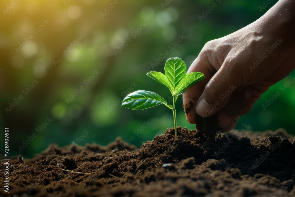Poster seedling in the soil. background with selective focus and copy space