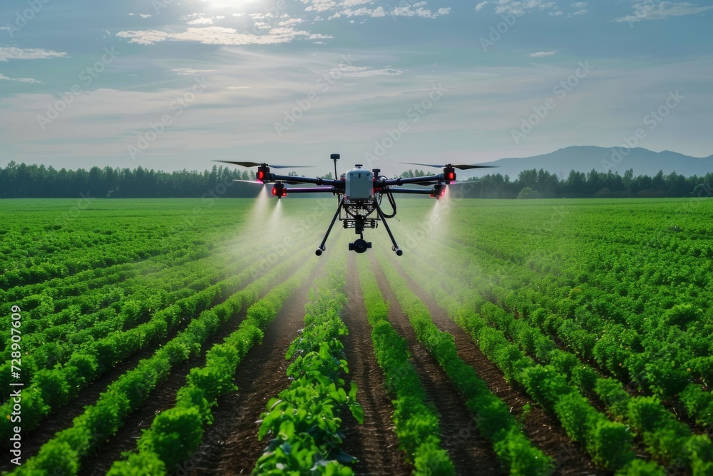 Aufkleber a modern drone irrigates a field on a farm with fertilizer. background with selective focus and copy