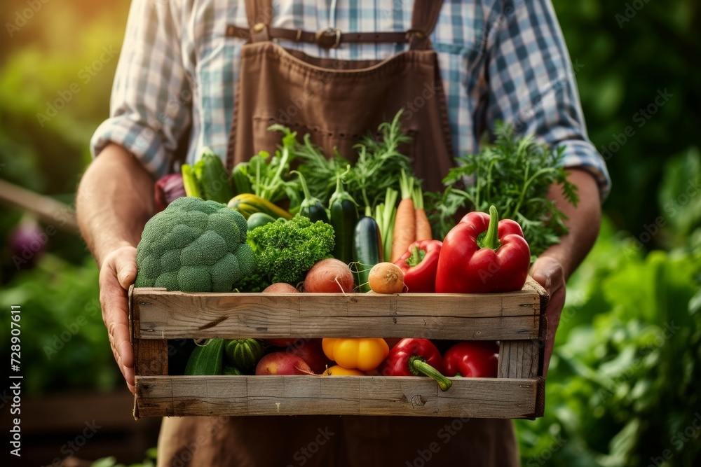 Poster a box with a harvest in the hands of a farmer. background with selective focus and copy space
