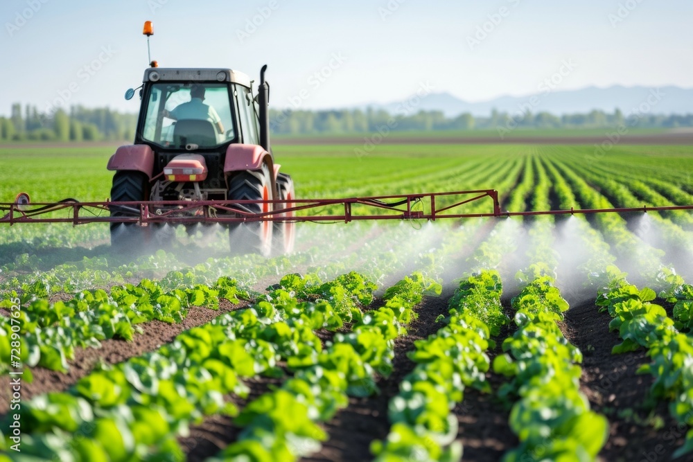 Poster a tractor irrigates the soil with fertilizer. background with selective focus and copy space