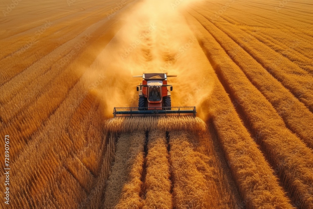 Poster the combine harvests the crop on the field. background with selective focus and copy space