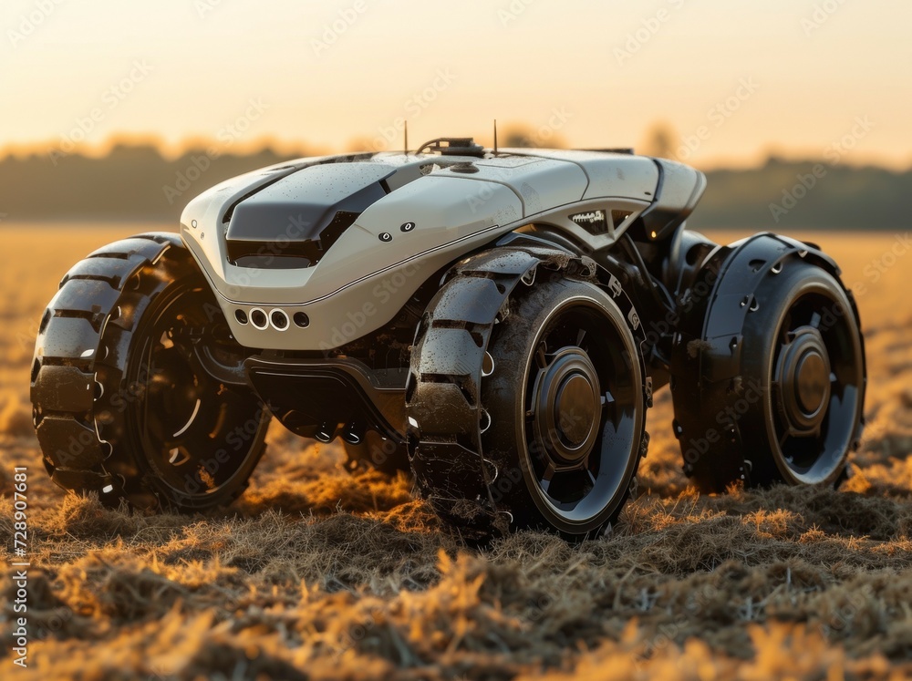 Poster modern farm with robots. background with selective focus and copy space