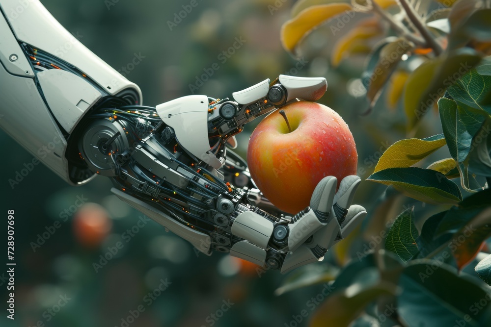 Poster a robot hand works on a modern farm. background with selective focus and copy space