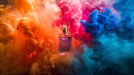 Perfume Bottle Amidst Colorful Smoke Trails