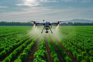 Foto op Canvas A modern drone irrigates a field on a farm with fertilizer. Background with selective focus and copy space © top images