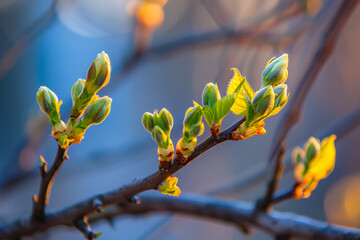 Buds on the branches of a spring tree. Background with selective focus and copy space
