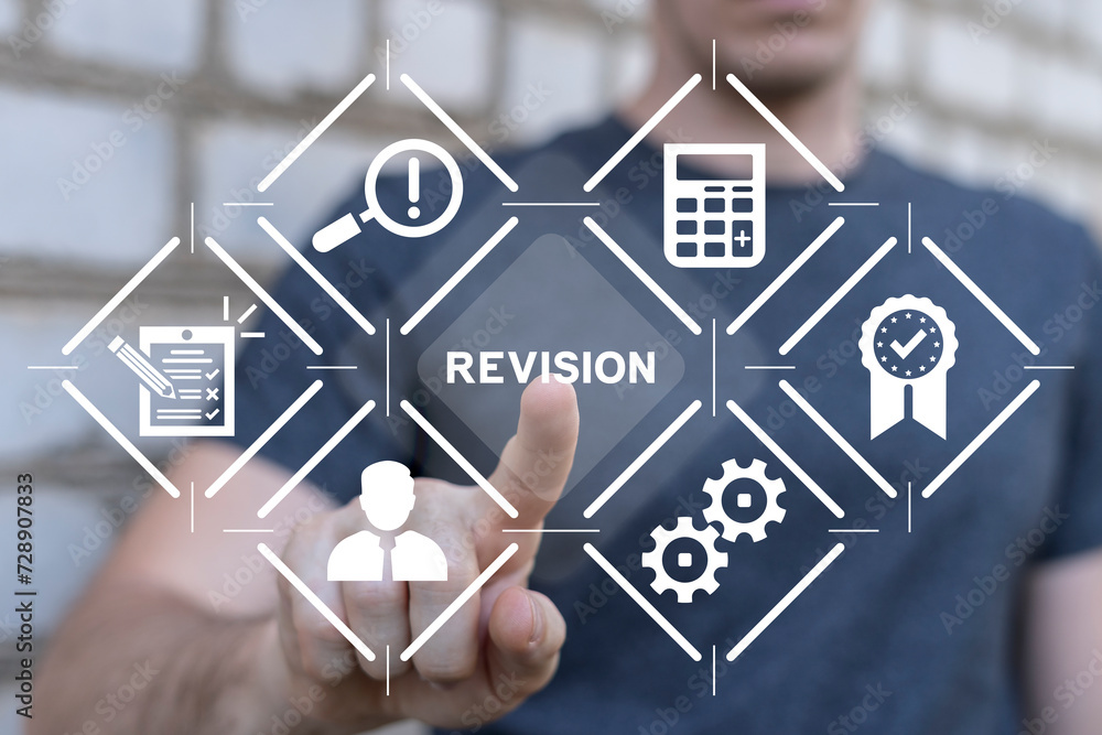 Poster man using virtual touch screen presses word: revision. revision and inspection business finance proc
