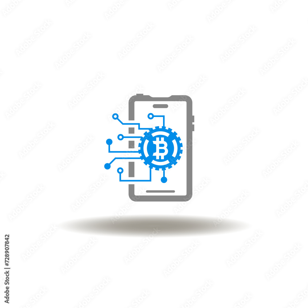 Poster vector illustration of smartphone with bitcoin and circuit pattern. symbol of crypto wallet. icon of