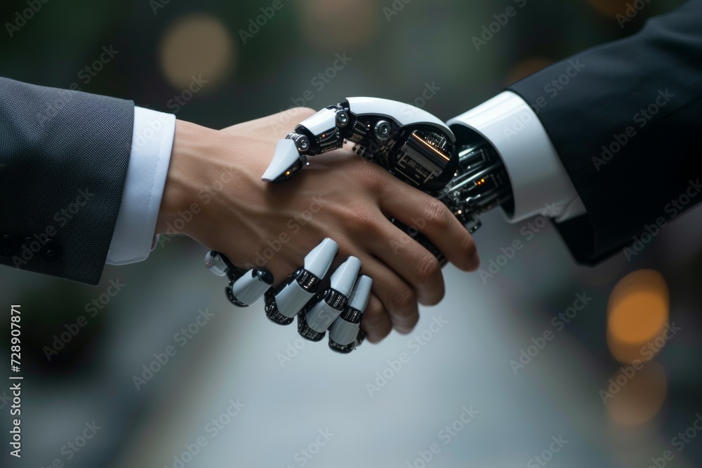 Poster handshake between human and robot, deal concept. background with selective focus and copy space