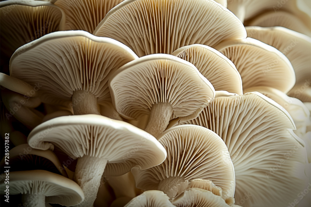 Poster mycelium with mushrooms, bottom view. background with selective focus and copy space