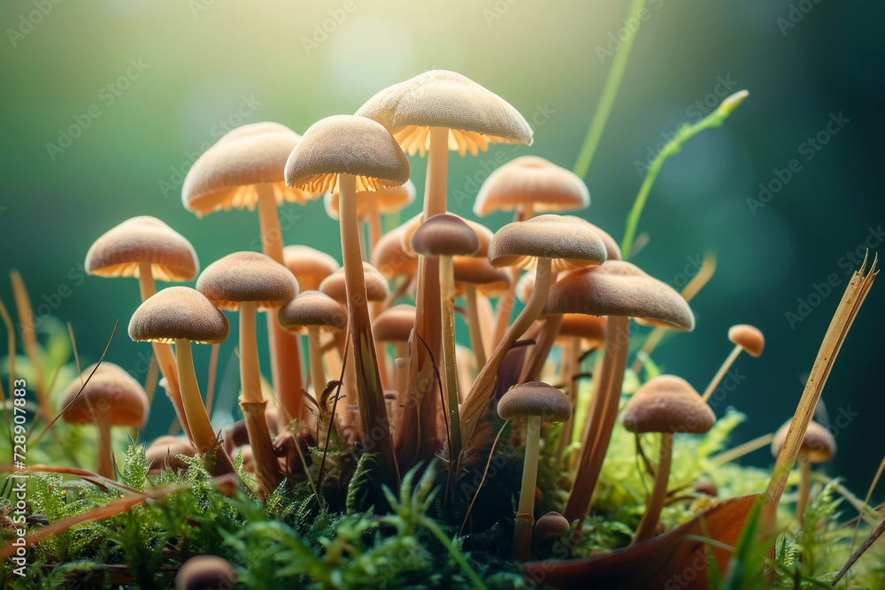 Poster mushrooms in the forest. background with selective focus and copy space