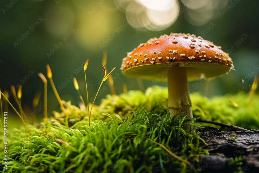 Poster fly agaric in the forest. background with selective focus and copy space