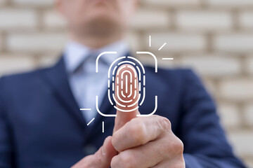 Business man fingerprint scanning and biometric authentication, cybersecurity and fingerprint...